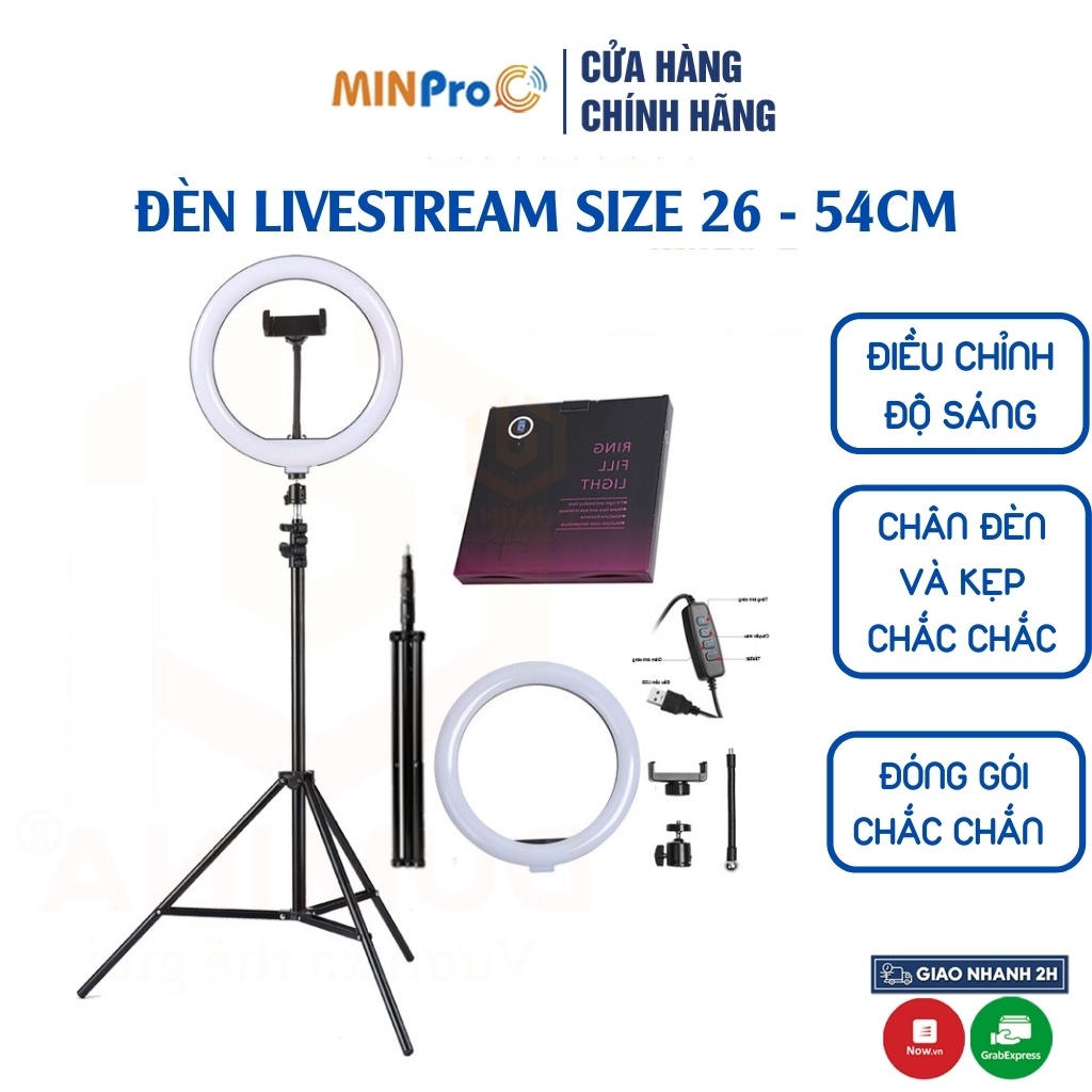 Đèn livestream giá rẻ MINPRO size 26 33 36 45 54 cm và chân 2m,chụp ảnh make up trang điểm có điều chỉnh độ sáng