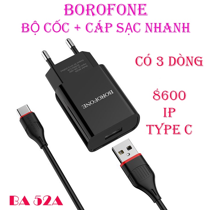 Bộ Cáp Và Dock Sạc Borofone BA52A Cổng Type C - 1 Cổng USB 2.1A chuẩn EU