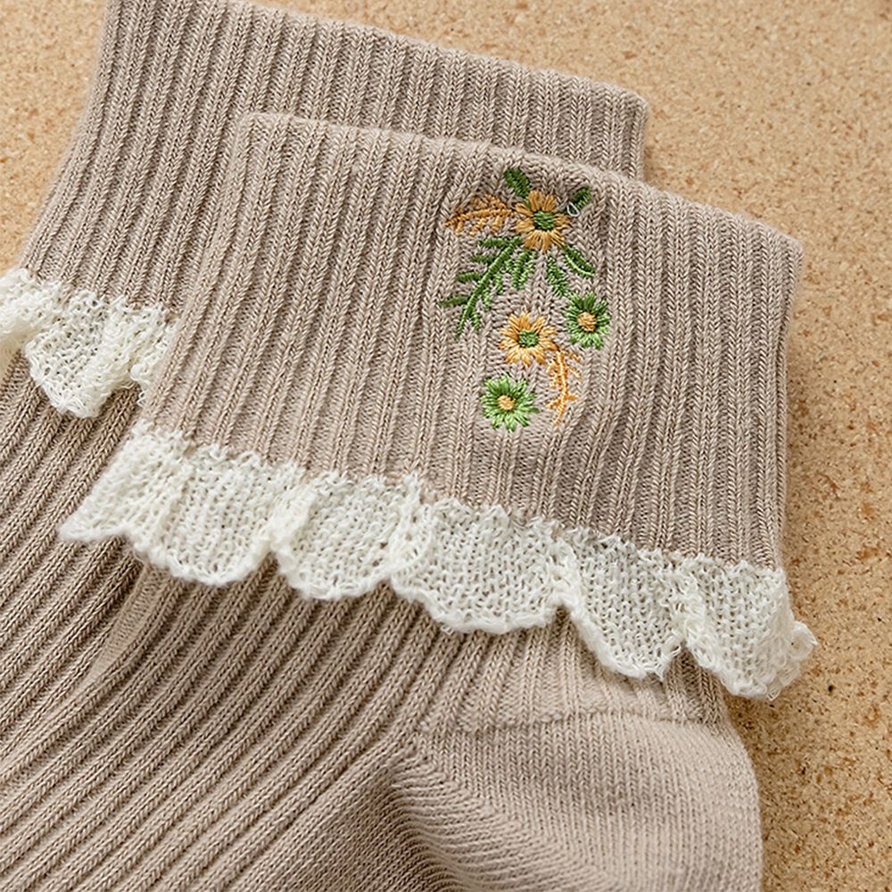 Vớ cotton cổ trung màu trơn thêu họa tiết retro phong cách Hàn Quốc cho nữ