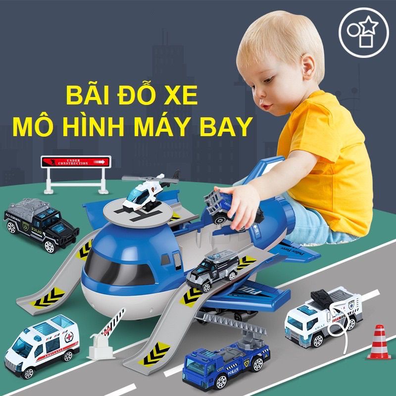 Đồ chơi máy bay cỡ to kiêm bãi đỗ xe gồm 4 xe kim loại và phụ kiện