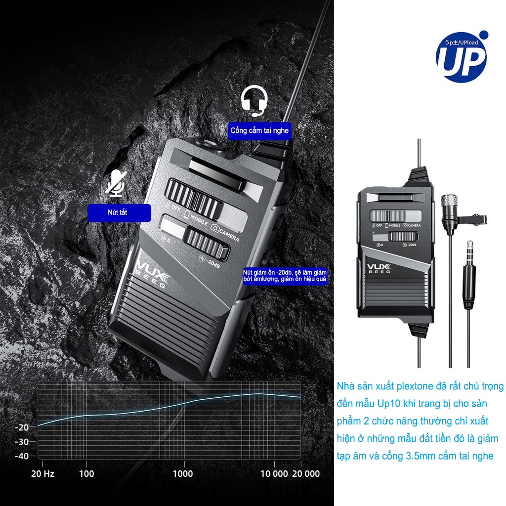 Micro thu âm Plextone VUXBEEG UP10, micro cài áo ghi âm đa hướng cho điện thoại/máy tính DSLR chất lượng cao