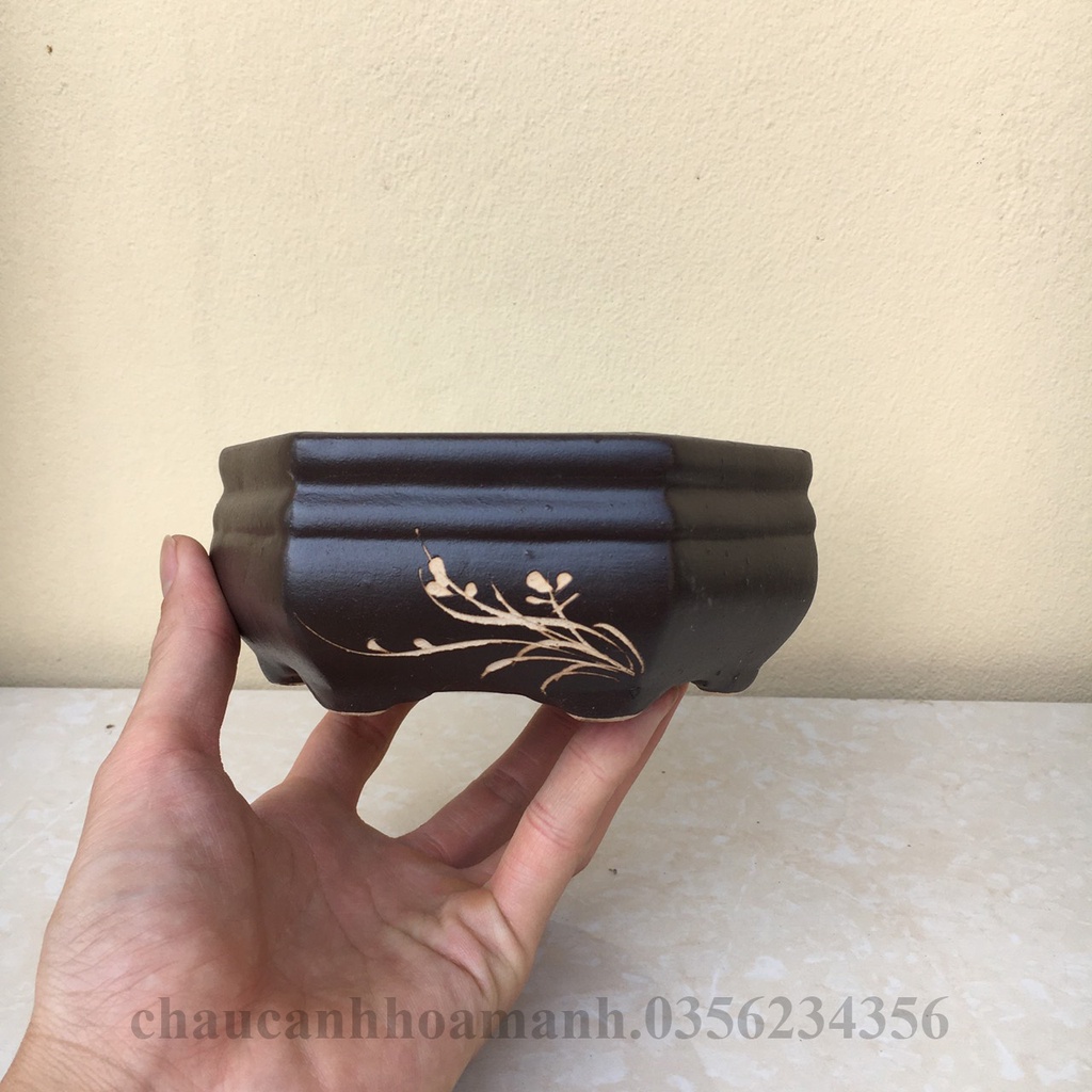 Chậu Lục giác thấp bonsai sen đá mini đất nung màu Đen gốm Bát tràng 1 size SP344