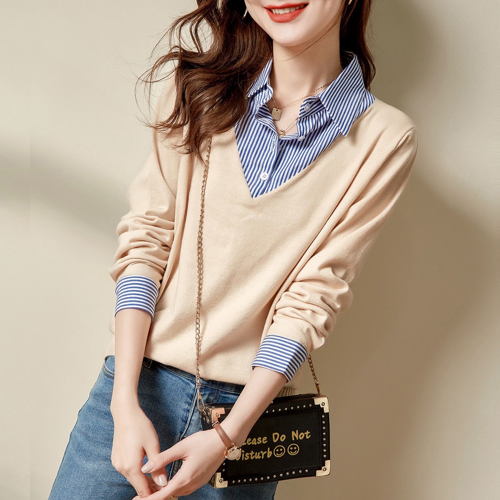 Áo Sơ Mi Tay Dài Cổ Bẻ Họa Tiết Kẻ Sọc Thời Trang Xuân Thu Hàng Mới Dành Cho Bạn Nữ