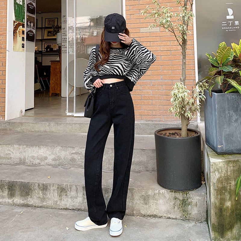 Quần jeans cho nữ lưng cao ống rộng thời trang Hàn Quốc
