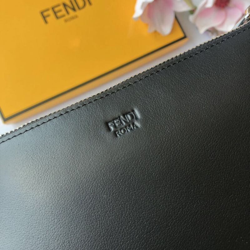 clutch cầm tay nam nữ da thật dáng dài kéo khóa có quai cầm tay họa tiết hình đôi mắt màu vàng Fendi FD