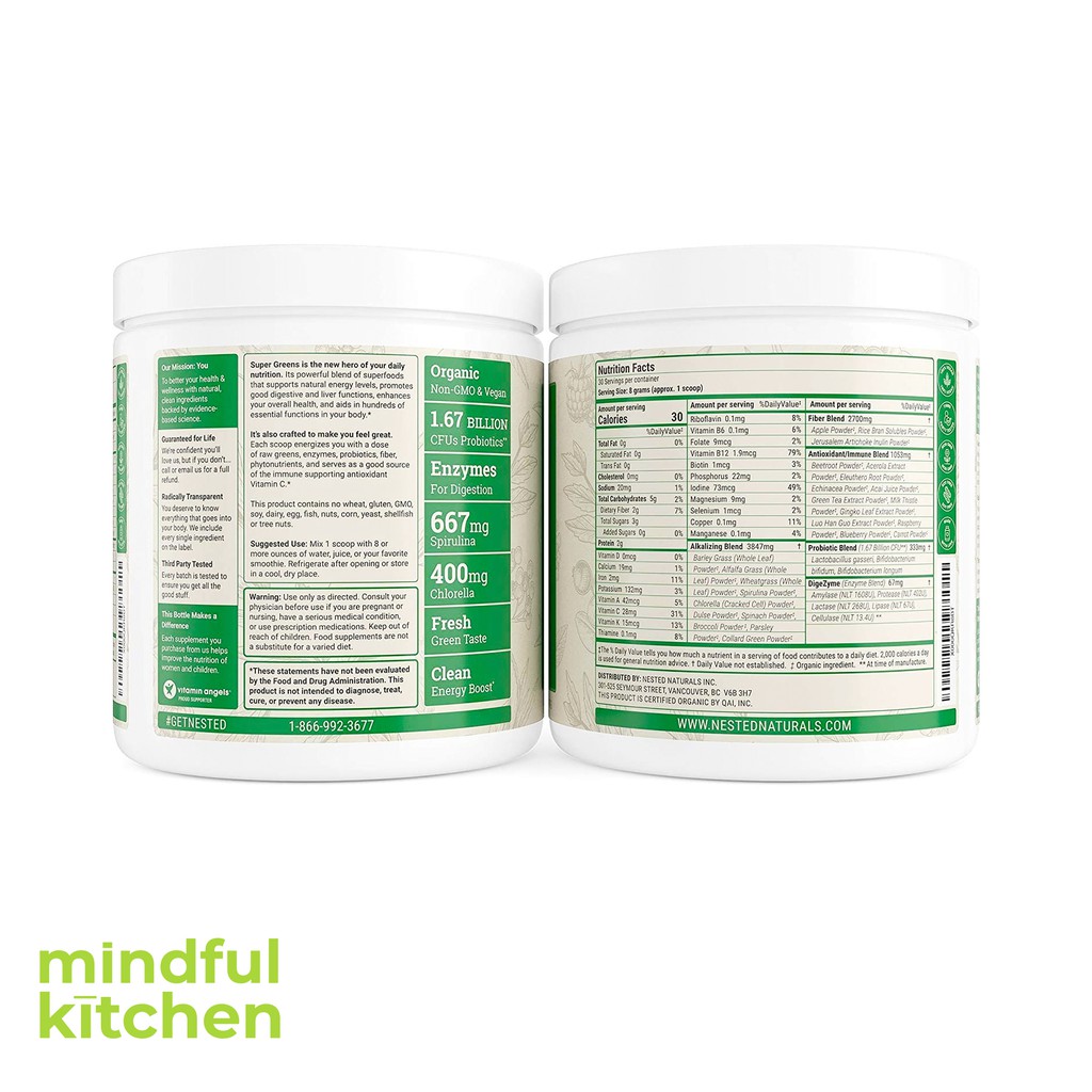 Bột siêu thực phẩm xanh NESTED SUPERGREEN 20+ thành phần tự nhiên (Spirulina, bột cỏ lúa mì), Probiotics, Xơ & Enzyme