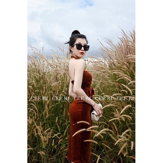 ( ẢNH THẬT - CEERI ) Váy body nhung cao cấp màu cam đất