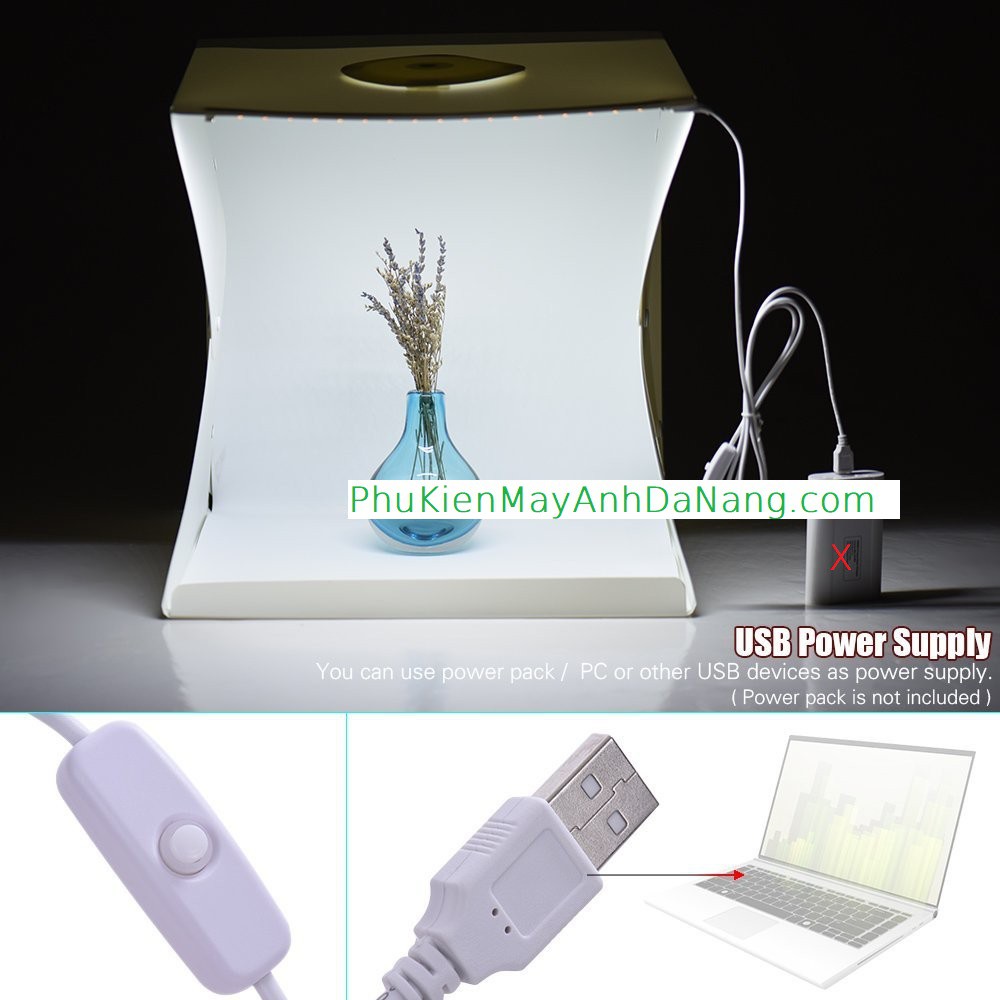Hộp chụp sản phẩm 40cm x 40cm tích hợp 2 dây đèn Led phông nền 4 màu