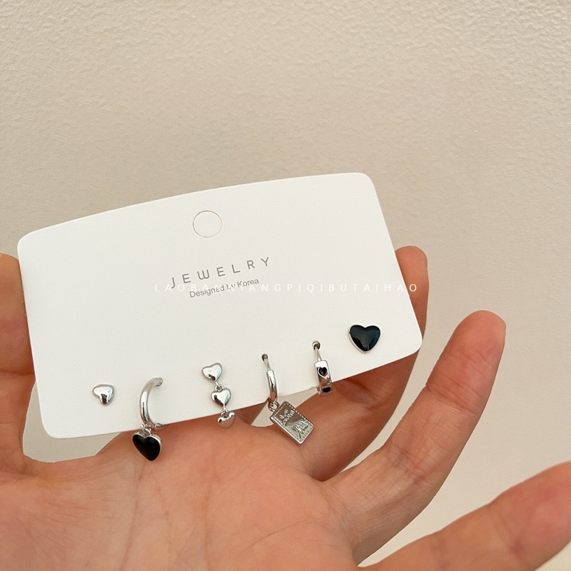 Bộ 6 Khuyên Tai Hình Giọt Nước Màu Đen Phong Cách Retro