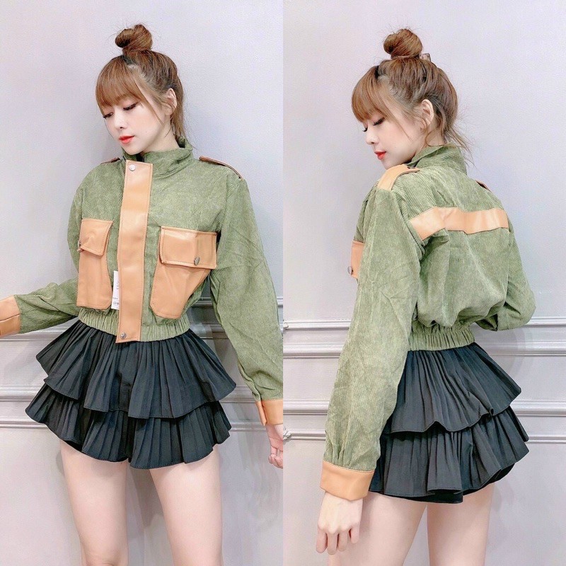 Áo khoác nhung nữ bomber form lửng phối túi da xinh xắn | BigBuy360 - bigbuy360.vn