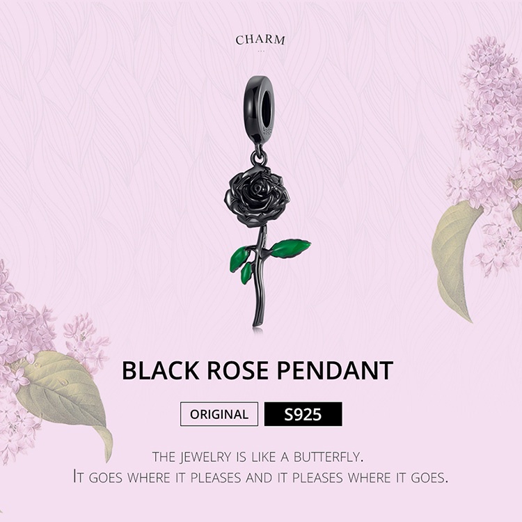 Mặt phụ kiện BAMOER BSC584 chất liệu 925 bạc hình hoa hồng đen