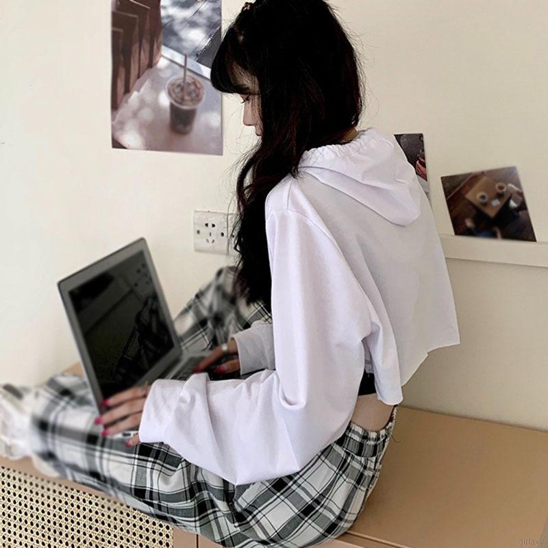 Áo Hoodie Lửng Dài Tay Phong Cách Hàn Quốc Năng Động Cho Nữ