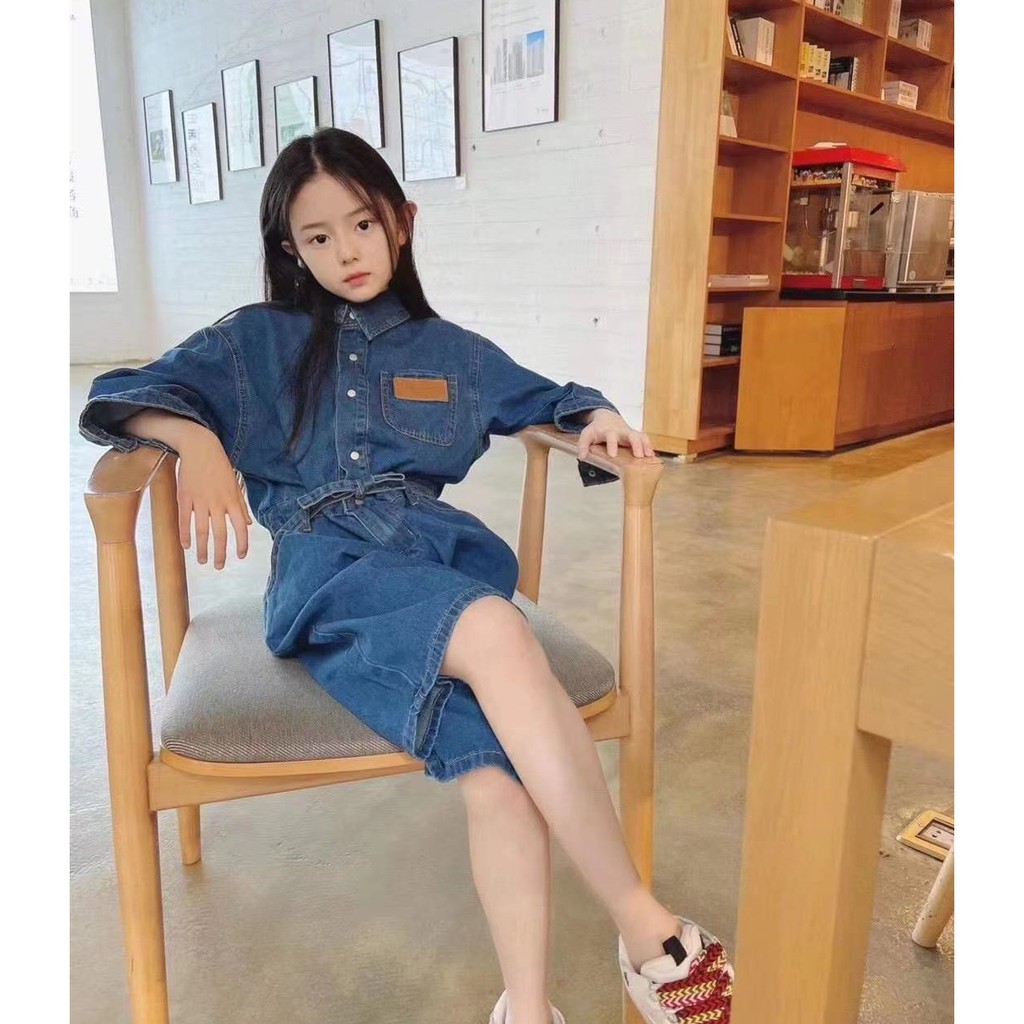 Áo liền quần Vải Jean Phong Cách Hàn Quốc Thời Trang Xuân Thu 2021 Cho Bé 3-8 Tuổi