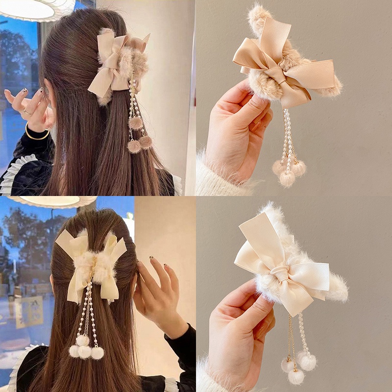 Kẹp Tóc Nơ Phối Tua Rua Phong Cách Hàn Quốc Cổ Điển Thời Trang