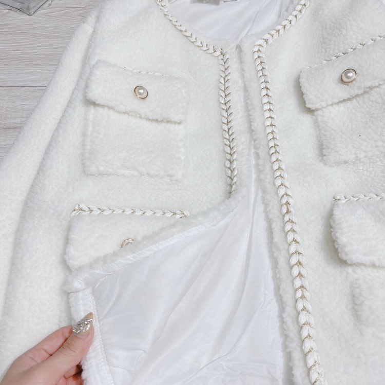 ÁO LÔNG DẠ VIỀN CÚC  DÂY DỆT TRẮNG 4 NẮP TÚI