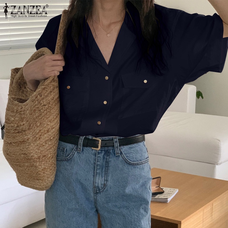 Áo sơ mi tay lửng ZANZEA dáng rộng cài nút thời trang dành cho nữ