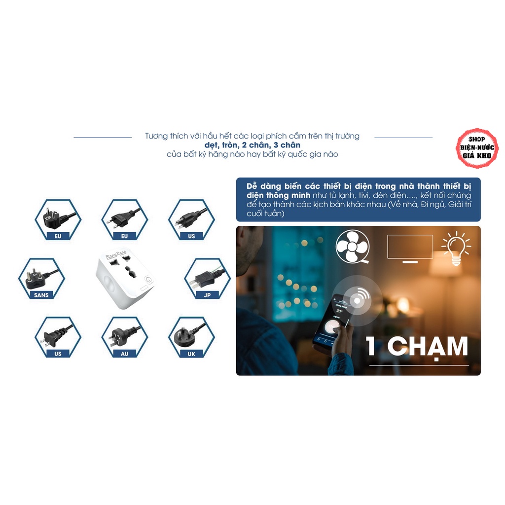 Ổ Cắm Thông Minh Rạng Đông OC02.WF đơn, 3m, 5m - Ổ Cắm Wifi 2500W - Chức Năng Hẹn Giờ, Điều Khiển Từ Xa qua internet