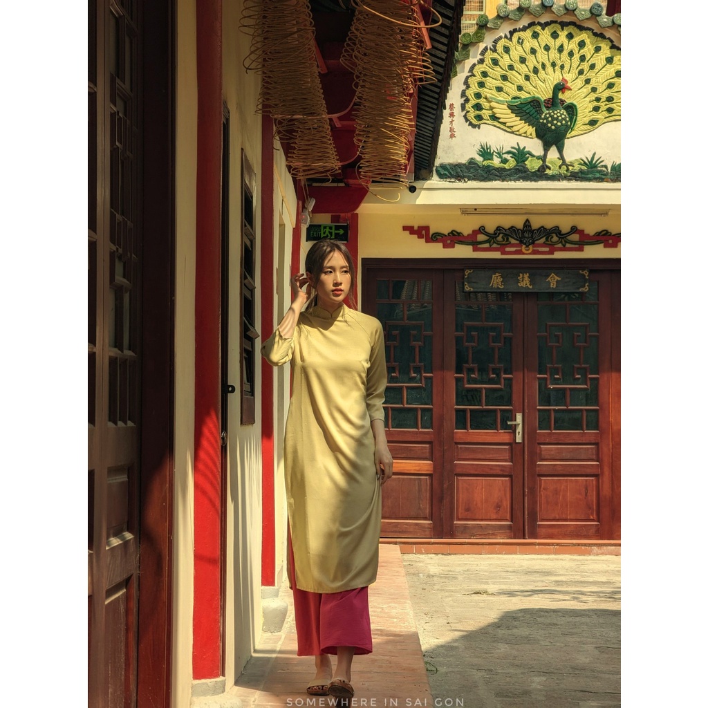 Set Áo dài Rosemary Lụa Tây Thi Vàng Cải Chua