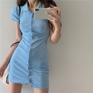 (ORDER) Váy sơ mi thun ôm body tôn dáng cài dọc khuy cá tính năng động Hàn Quốc