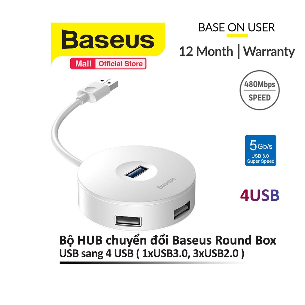 Bộ HUB chuyển đổi USB từ Type-A sang USB 3.0 Baseus Round Box HUB (CAHUB-F02) (4 cổng USB, 1xUSB3.0, 3xUSB2.0)