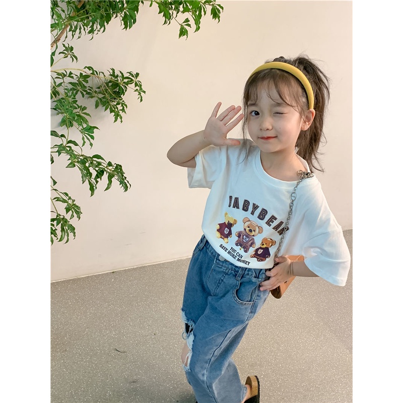 Áo Thun 100% Cotton Cổ Tròn Tay Ngắn In Họa Tiết Hoạt Hình Phong Cách Hàn Quốc Thời Trang Mùa Hè Cho Bé Gái