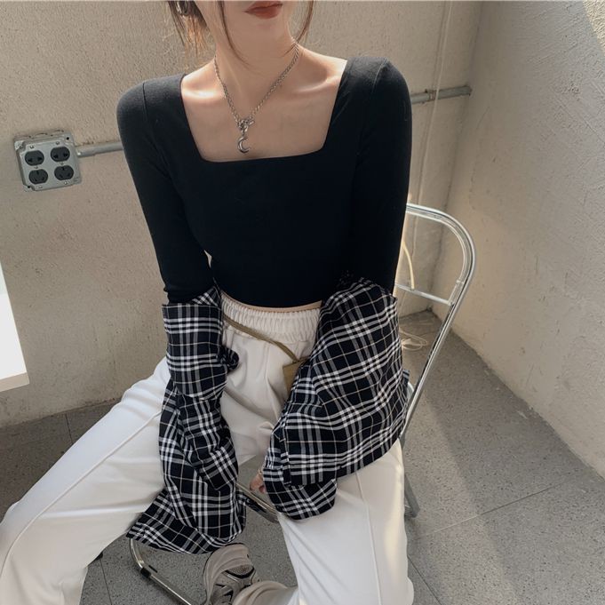 Áo Phông Áo Croptop Áo Thun Dài Tay Cổ Vuông Dáng Ôm Thời Trang Hàn Quốc Cho Nữ