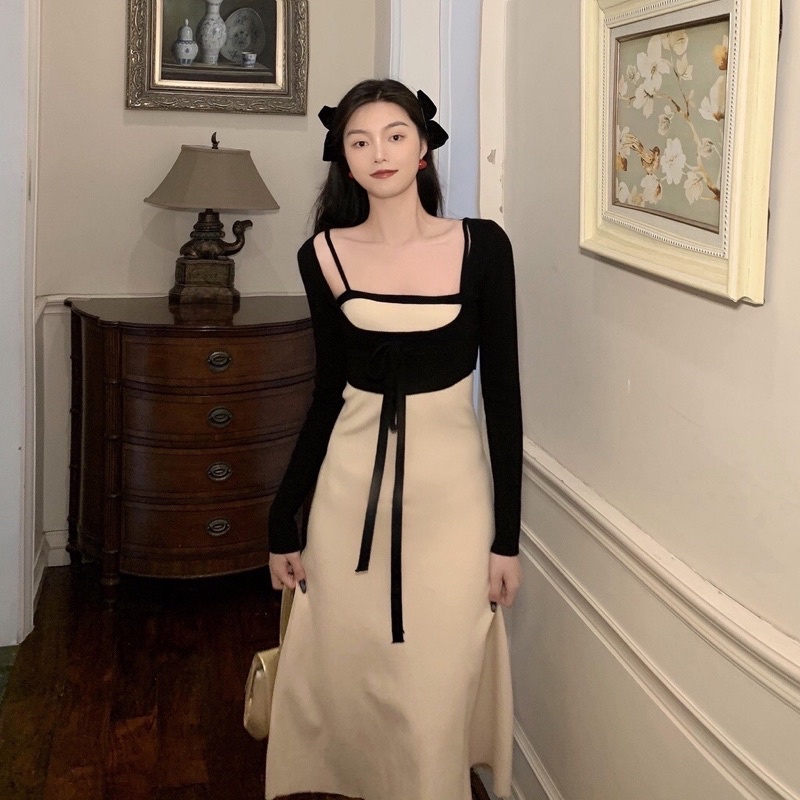 Đầm dệt kim Hàn Quốc. Đầm len tay dài