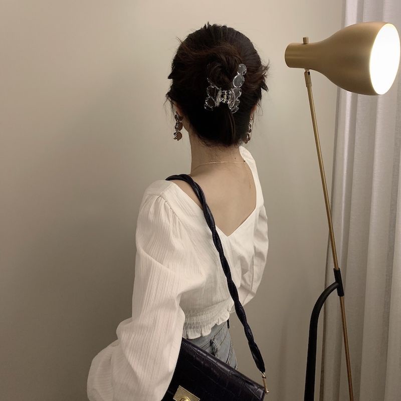 COZOK Áo Kiểu Tay Phồng Ngắn Cổ Vuông Hở Lưng Thắt Nơ Phong Cách Retro Quyến Rũ
