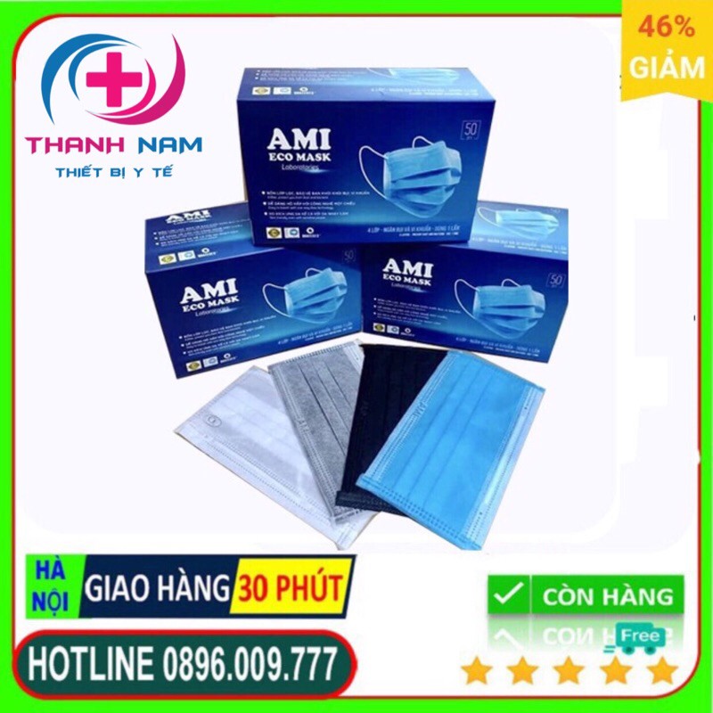 Hộp Khẩu Trang Y Tế AMI 4 Lớp MÀU ĐEN Có Lớp Than Hoạt Tính (Hộp 50 chiếc)