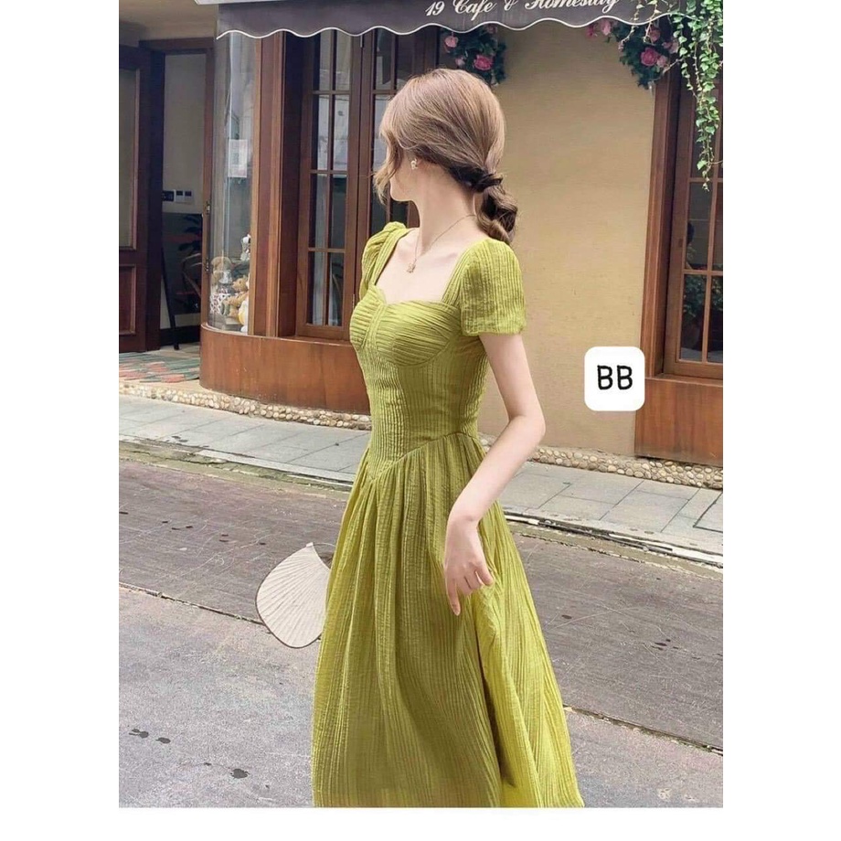 Váy thiết kế nữ tay bồng chất đũi hàng 2 lớp có cúp ngực tiểu thư bánh bèo siêu xinhI Trần Hân Shop 3007458