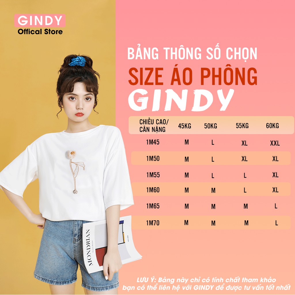 Áo phông unisex nữ cổ tròn GINDY in hình hoa tay lỡ dáng basic chất cotton co giãn, thoáng mát A20029