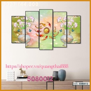 Bộ 5 Tấm Tranh treo tường Phong Thủy Bình Hoa Sen Cá Chép Cửu Ngư Quần Hội Tụ phòng khách trang trí nhà cửa 5080012