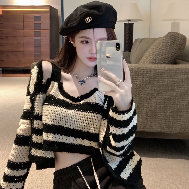 Bộ áo cardigan dệt kim sát nách kẻ sọc + quần lưng cao ZHELIHANGFEI quyến rũ thời trang cho nữ