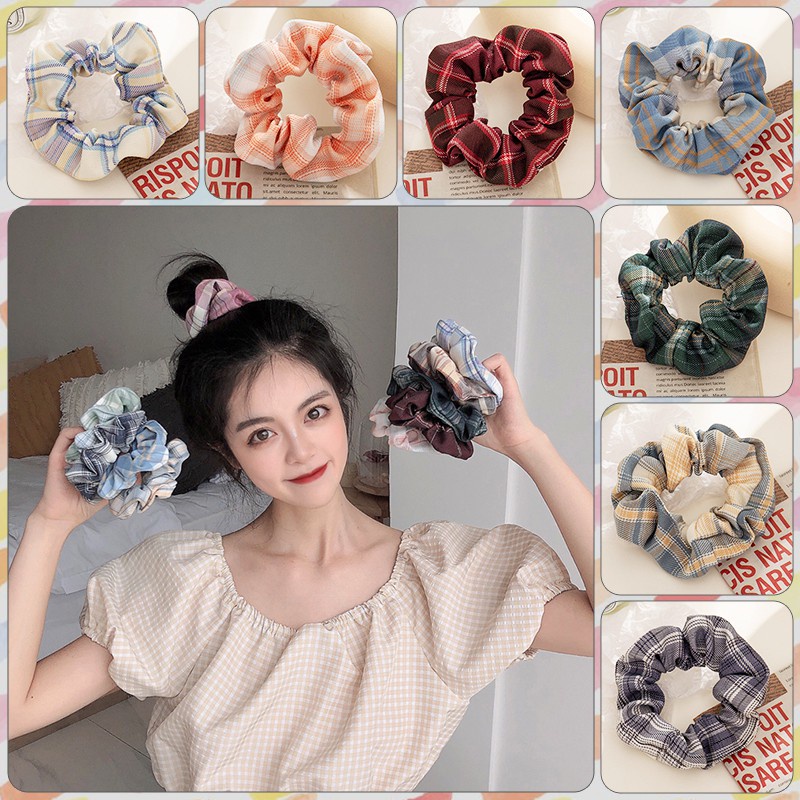 Dây buộc tóc họa tiết caro phong cách Hàn Quốc dễ thương