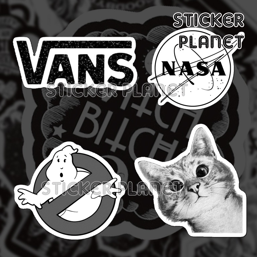 Bộ sticker trang trí mũ bảo hiểm, đàn, guitar, ukulele, điện thoại laptop chủ đề Black and white đen trắng