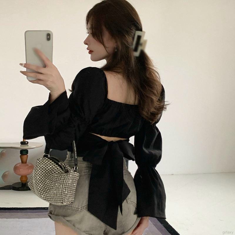 Áo croptop trễ vai tay dài nơ lưng cột nhiều kiểu chất voan mịn xinh tôn dáng- Mặc 2 kiểu 236 FIORI STORE