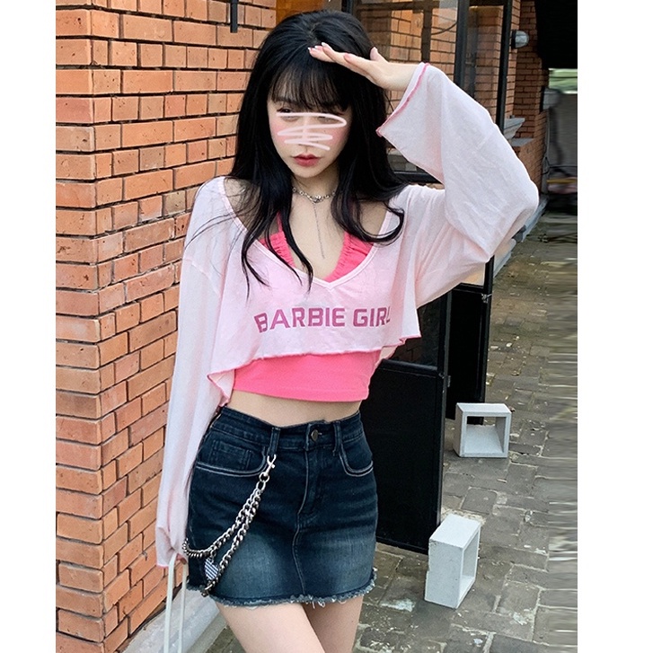 QKOOLE  Set Áo Thun Tay Dài + Áo Yếm Màu Trơn Phong Cách Hàn Quốc Cho Nữ crop top