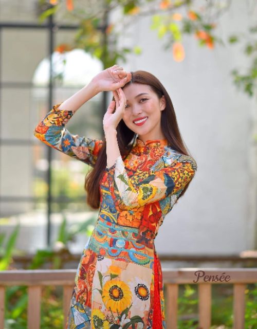 Áo dài thổ cẩm họa tiết Hoa Hướng Dương