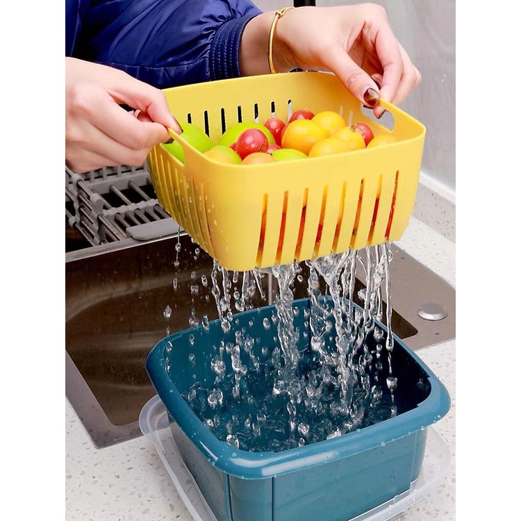 [FREESHIP] Bộ Rổ Kèm Chậu Có Nắp Đậy Kèm Lỗ Thoát Nước 3 Trong 1 Đựng Rau Trái Cây