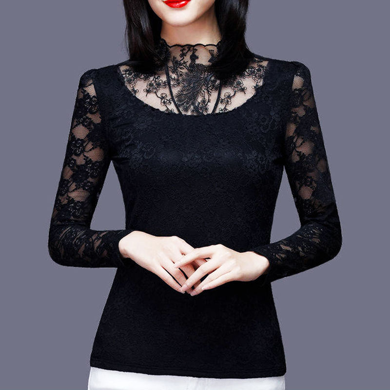 Thin / fleece bottom lace shirt Western style long-sleeved women's shirt Small shirt Spring and Autumn New temperament Big neck Large size Top T-shirt | BigBuy360 - bigbuy360.vn