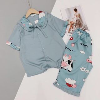Bộ Lụa Cao Cấp Quần Ngố Áo Cộc Cổ Bèo Đồ Mặc Nhà Babi mama - BP04.3