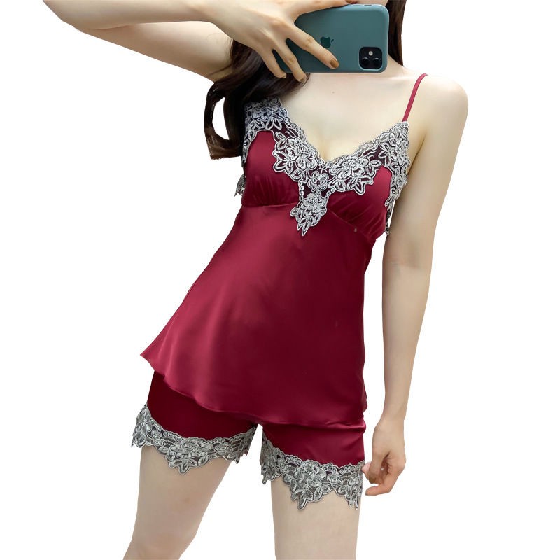 Set Đồ Ngủ Bằng Lụa Phối Ren Quyến Rũ Dành Cho Nữ