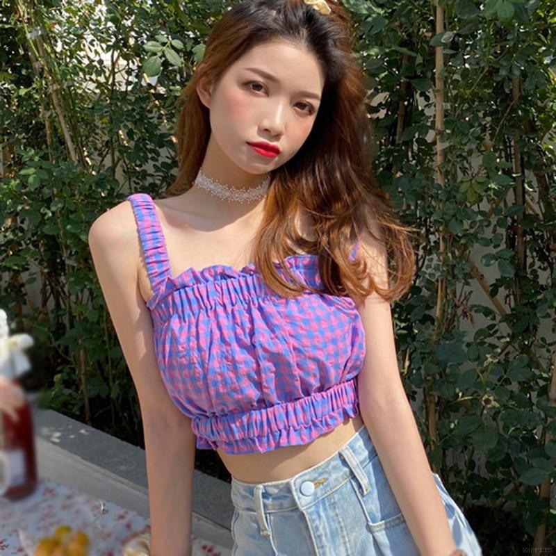 Áo 2 dây hở rốn dáng ôm họa tiết sọc caro thời trang cho nữ | BigBuy360 - bigbuy360.vn