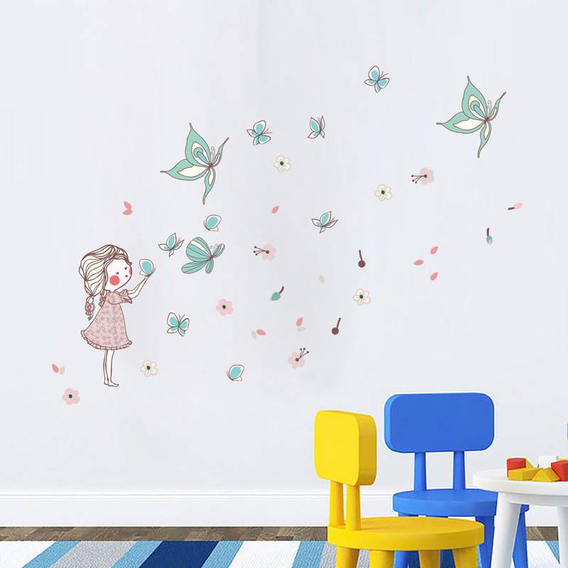 Phim hoạt hình bé gái bướm bay bay sáng tạo sơn tường phòng trẻ mẫu giáo mẹ và dán tường sê-ri