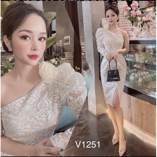 ĐẦM DỰ TIỆC ĐÍNH HOA HỒNG VAI XÉO MỘT TAY ÁO SANG TRỌNG