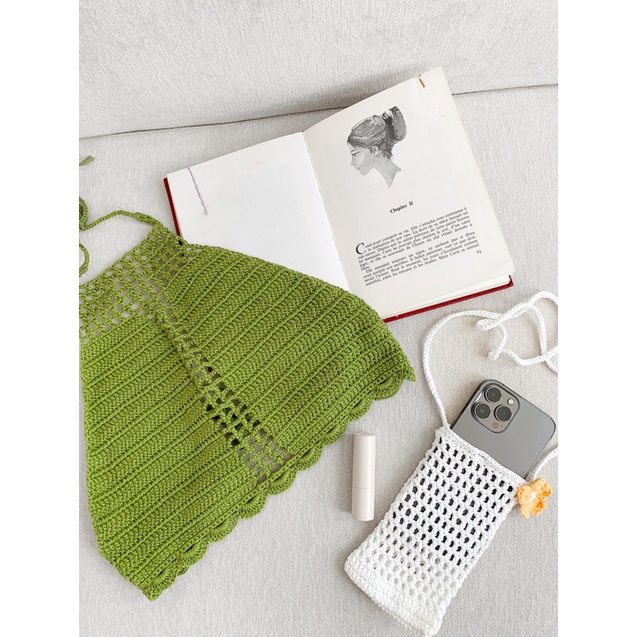 Áo yếm croptop len La Boutique đan thủ công sợi cotton hở lưng gợi cảm du lịch