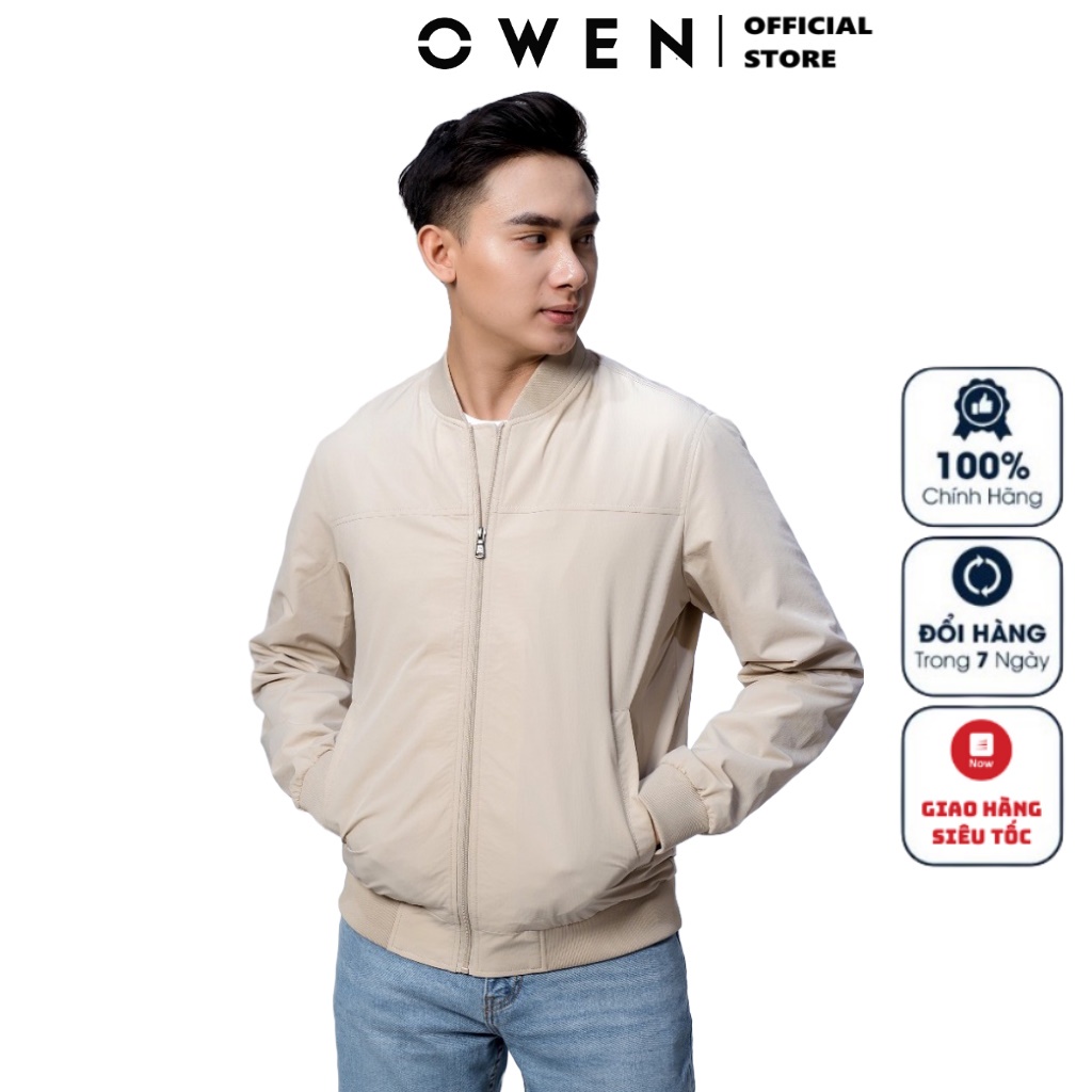 Áo Khoác Nam Owen JK61029 Jacket Bomber Dáng Suông Màu Be Trơn Bo Cổ Tay Và Gấu Áo Tiện Lợi Chất Polyester