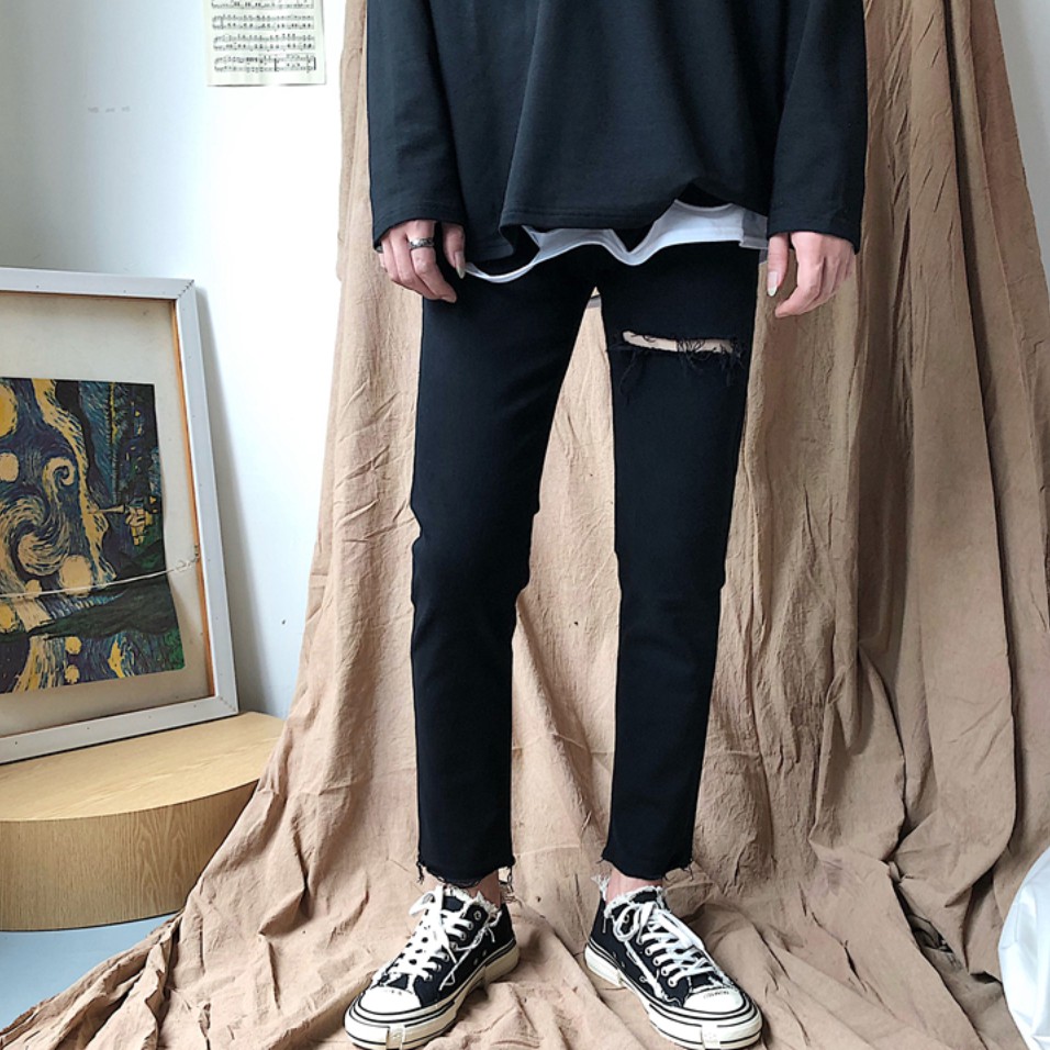 [Co GIãn+Không Phai Màu]Quần Jean Rách Gối Nam Màu Đen Vải Không Phai Màu, Co Giãn Dáng Skinny Phong Cách Hàn Quốc-J03 | BigBuy360 - bigbuy360.vn