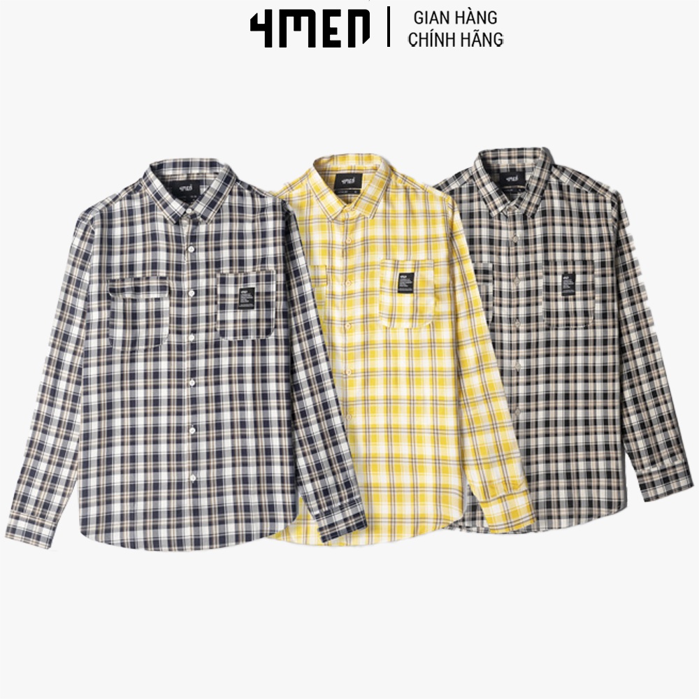 Áo Sơ Mi Nam Regular Caro 2 Túi 4MEN ASM103 dài tay trẻ trung, hiện đại, vải sợi tổng hợp bền màu, thấm mồ hôi tốt