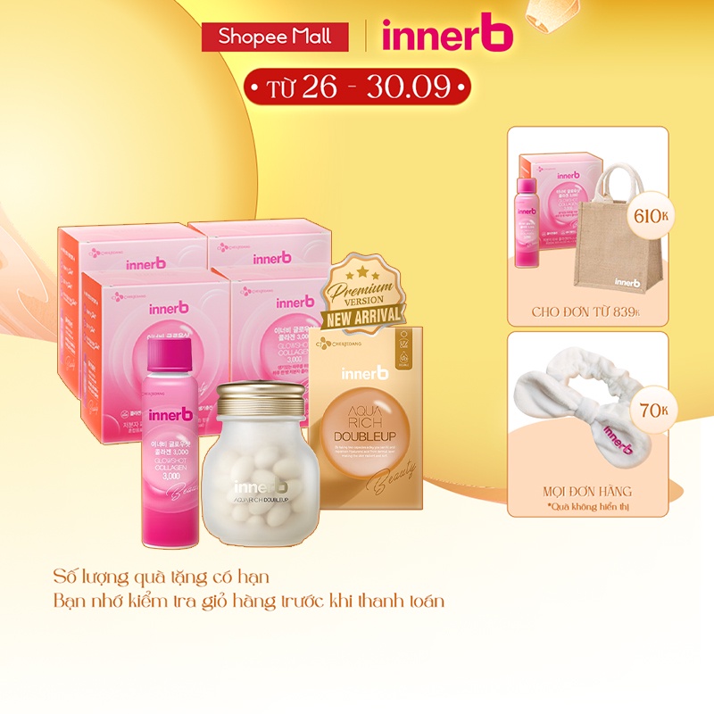 Combo giữ ẩm da sáng mịn InnerB Aqua Rich DoubleUp & 4 hộp Collagen InnerB Glowshot